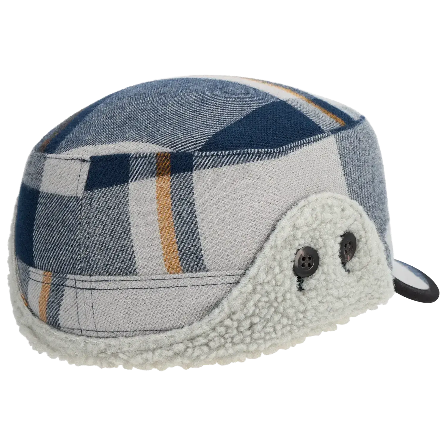 Plaid patterned cap with fleece lining on a white background