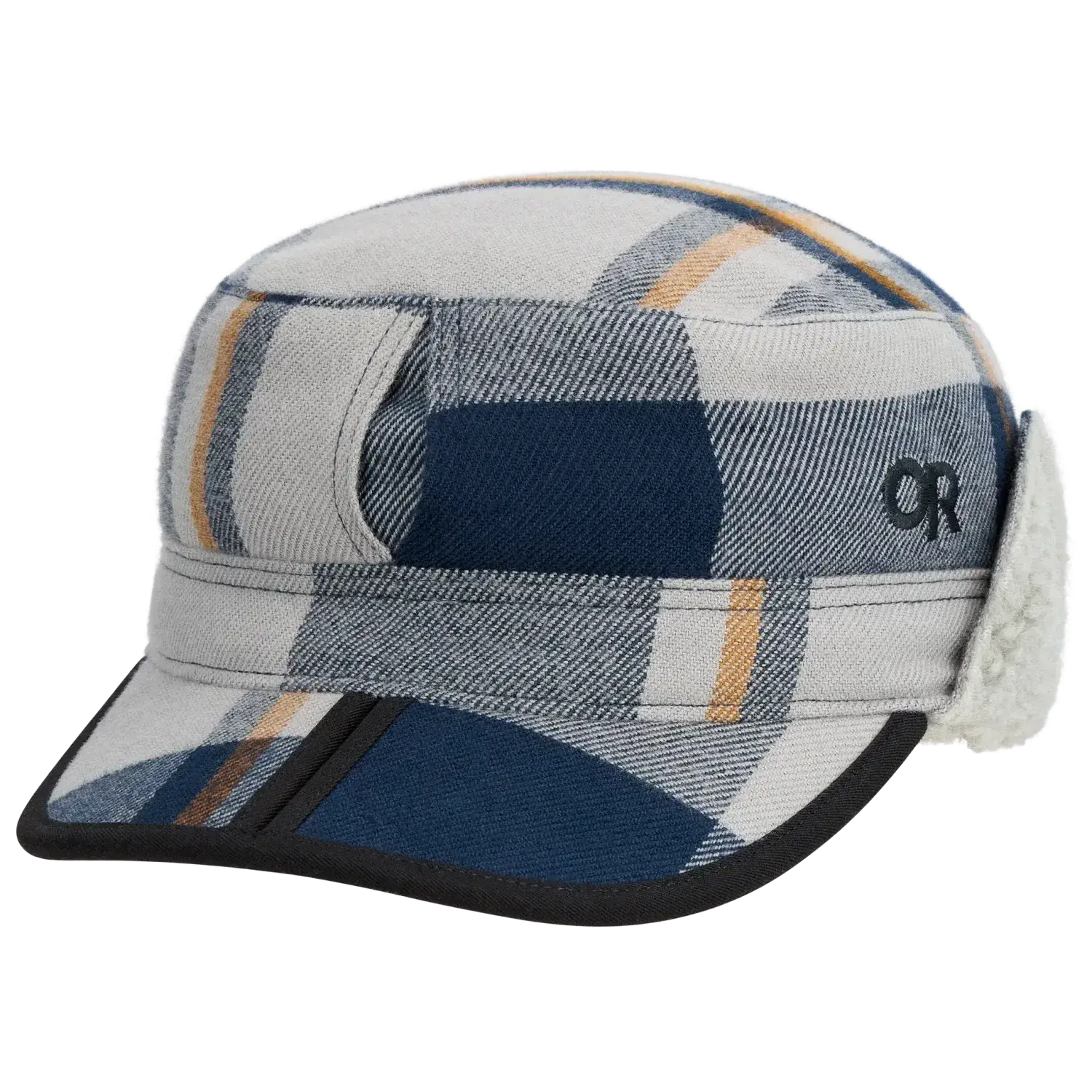 Plaid patterned cap with a logo on a white background