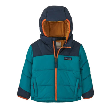Patagonia Baby Astropuff Hoody shown in the Belay Blue color option. Navy shoulders and hood with lighter blue chest and arms and orange trim. 