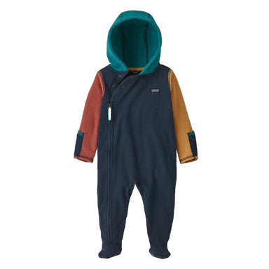 Patagonia Baby Micro D® Fleece Bunting shown in New Navy w/Belay Blue. Front view Navy body, red right sleeve, yellow left sleeve, and teal colored hood.