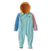 Patagonia Baby Micro D® Fleece Bunting shown in New Navy w/Belay Blue. Front view- Aqua colored body, blue right sleeve, pink left sleeve, and orange colored hood.