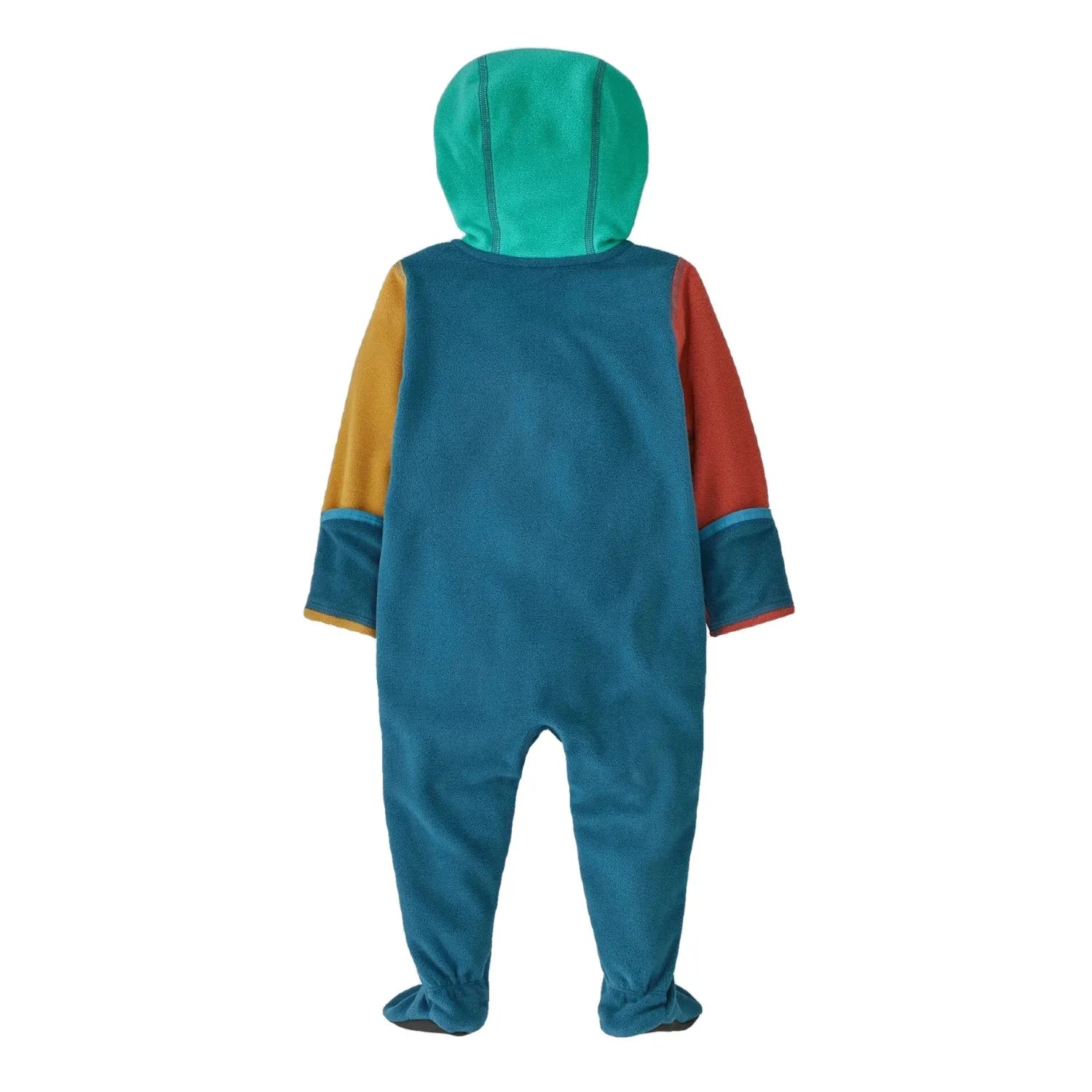 Patagonia Baby Micro D® Fleece Bunting shown in New Navy w/Belay Blue. Back view Blue body, red right sleeve, yellow left sleeve, and teal colored hood.
