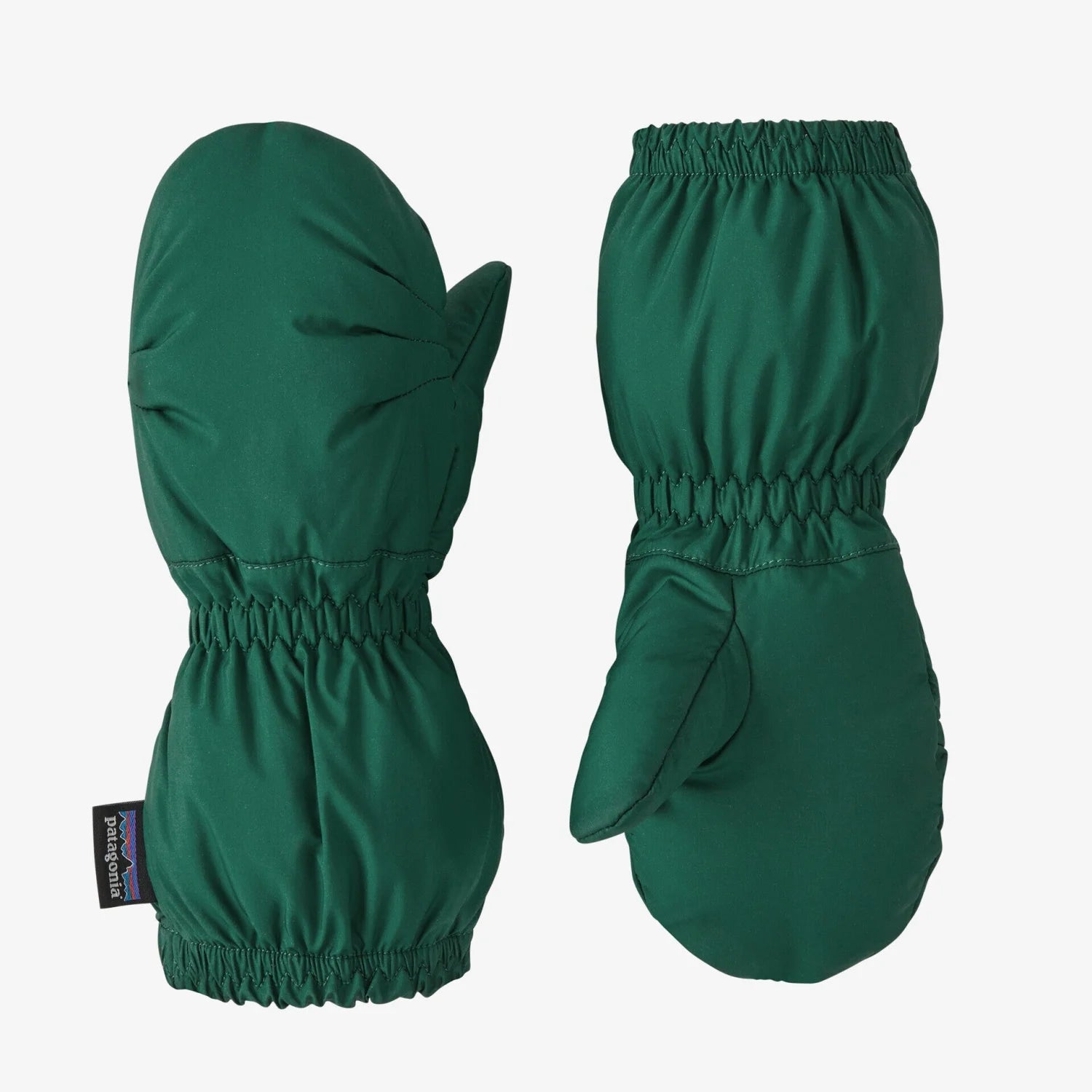 Patagonia Baby Puff Mittens shown in the Conifer Green color.