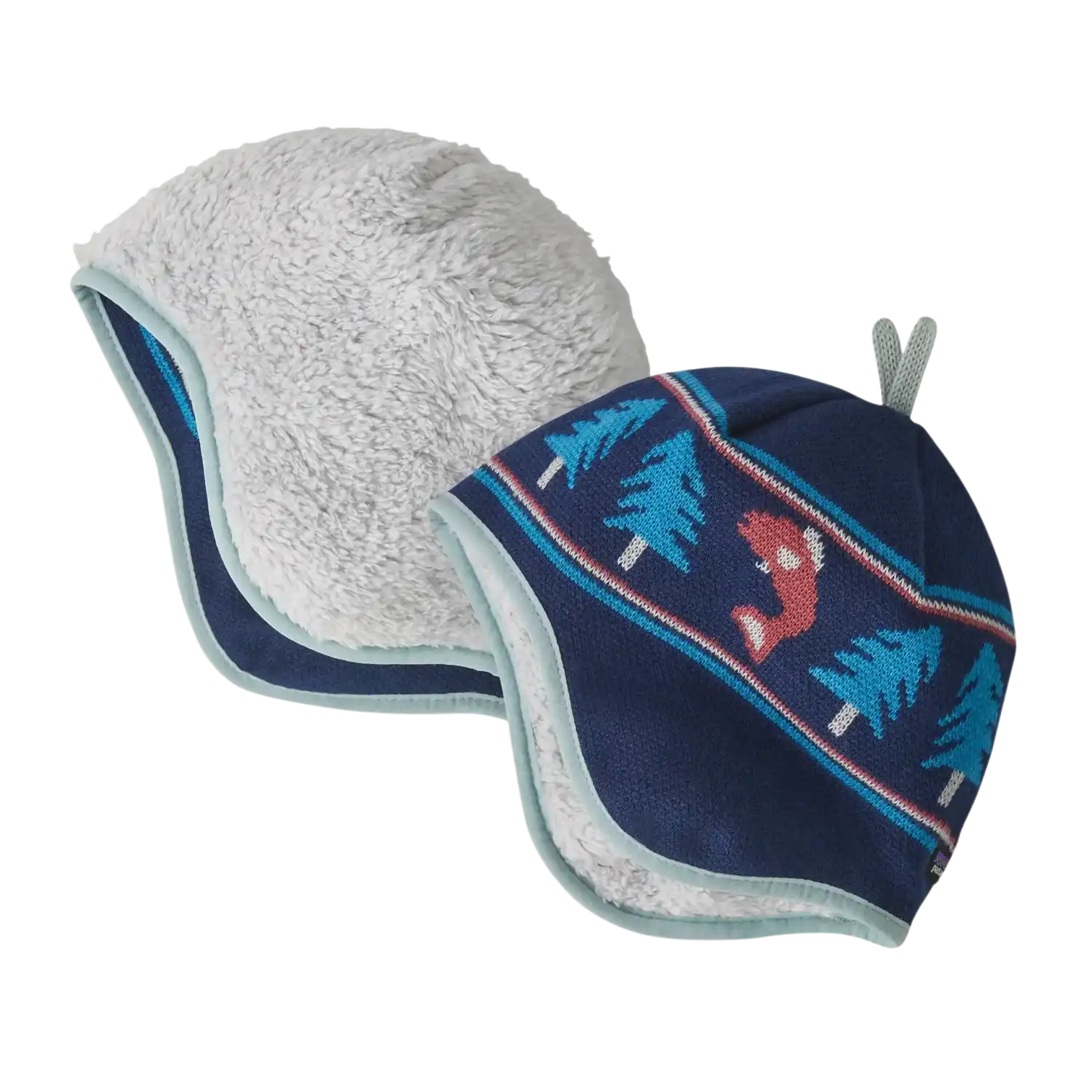 Patagonia Baby Reversible Beanie in Beary Fun Clement Blue, view of inside and outside of hat flat