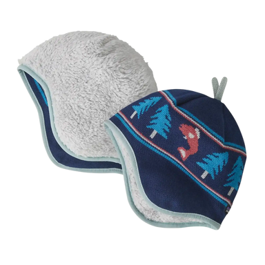 Patagonia Baby Reversible Beanie in Beary Fun Clement Blue, view of inside and outside of hat flat