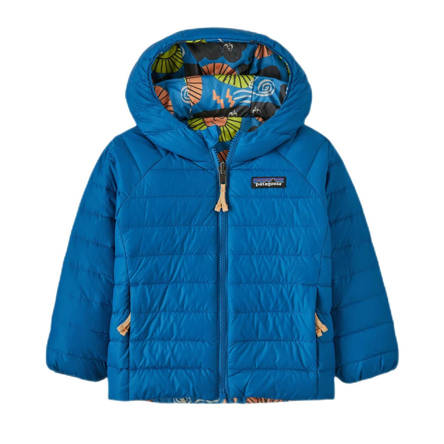 Patagonia Baby Reversible Down Sweater™ Hoody, Forces of Nature Vessel Blue, front view flat