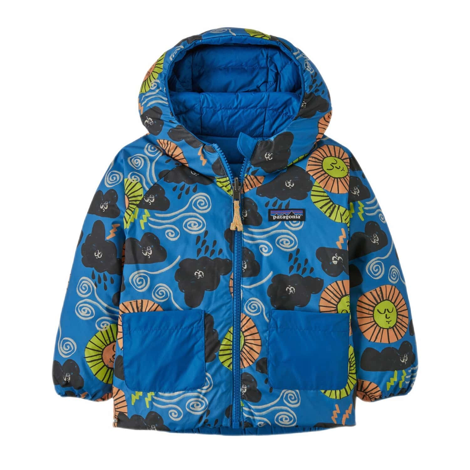 Patagonia Baby Reversible Down Sweater™ Hoody, Forces of Nature Vessel Blue, front view of reversible side