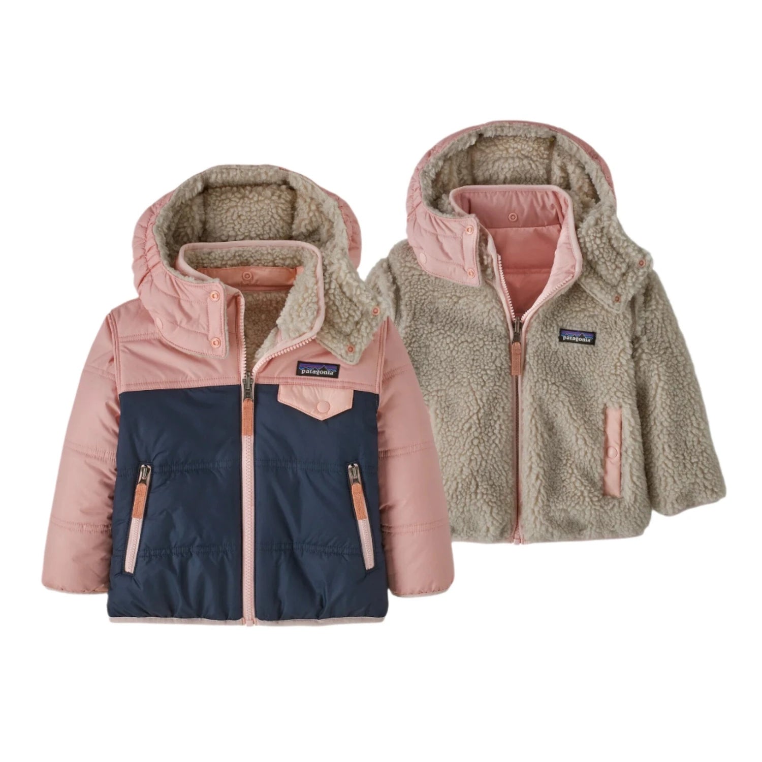 patagonia baby reversible tribbles hoody in new navy w/ mallow pink front flat double view