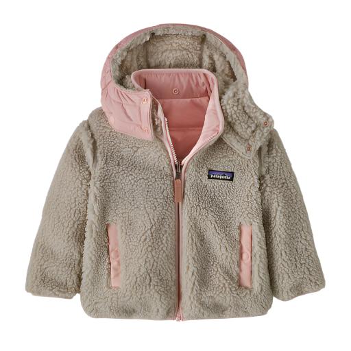 patagonia baby reversible tribbles hoody in new navy w/ mallow pink front flat view