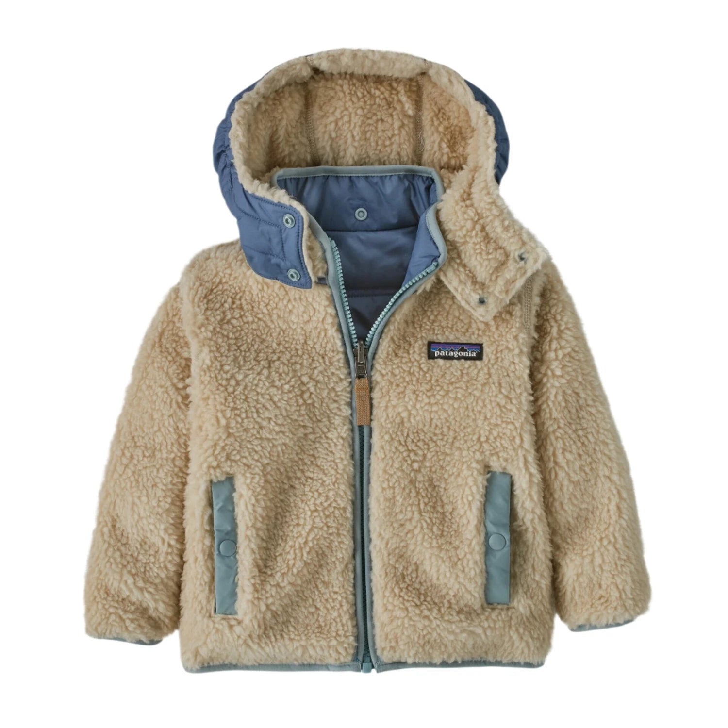 patagonia baby reversible tribbles hoody in endless blue front flat view