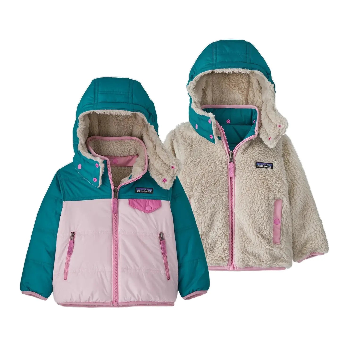 Patagonia Baby Reversible Tribbles Hoody shown in Peaceful Pink color option. Teal arms, shoulders and hood. Pink chest with darker shade of pink trim. Reversed also shown with cream fleece.