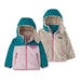 Patagonia Baby Reversible Tribbles Hoody shown in Peaceful Pink color option. Teal arms, shoulders and hood. Pink chest with darker shade of pink trim. Reversed also shown with cream fleece.