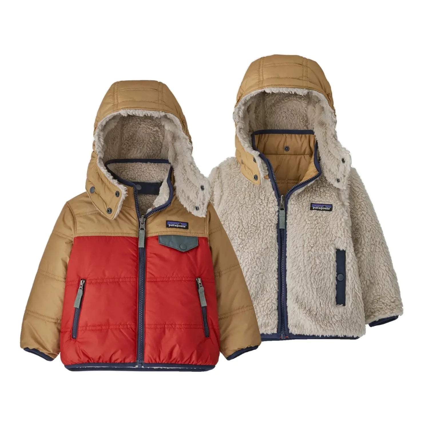 Patagonia Baby Reversible Tribbles Hoody shown in Touring Red color option. Tan arms, shoulders and hood. Red chest with navy trim. Reversed also shown with cream fleece.
