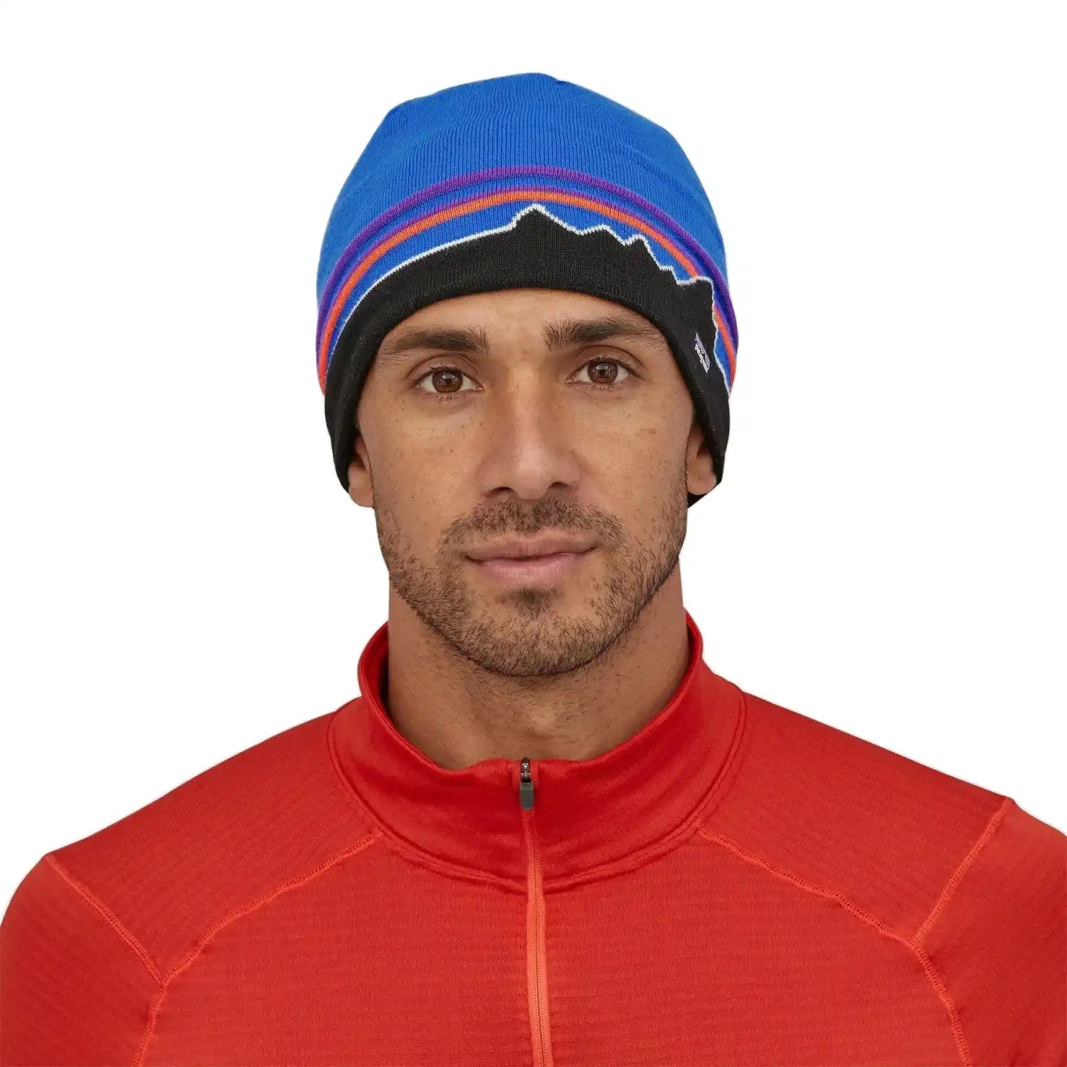 Patagonia Beanie Hat, Classic Fitz Roy Andes Blue, front view on model