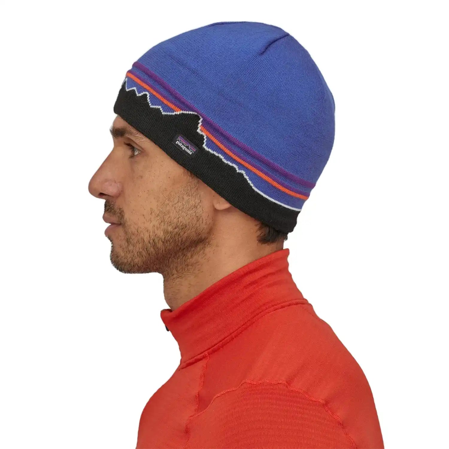 Patagonia Beanie Hat, Classic Fitz Roy Andes Blue, side view on model