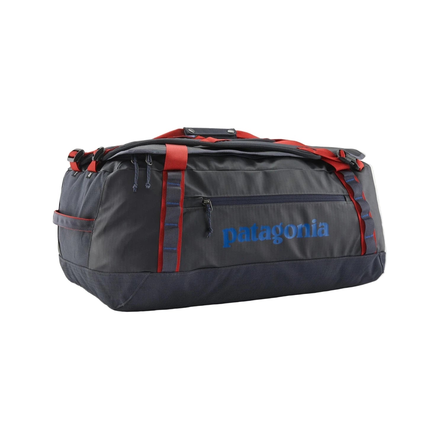 Patagonia Black Hole® Duffel Bag 55L in Smolder Blue W/ Amanita red, front view 