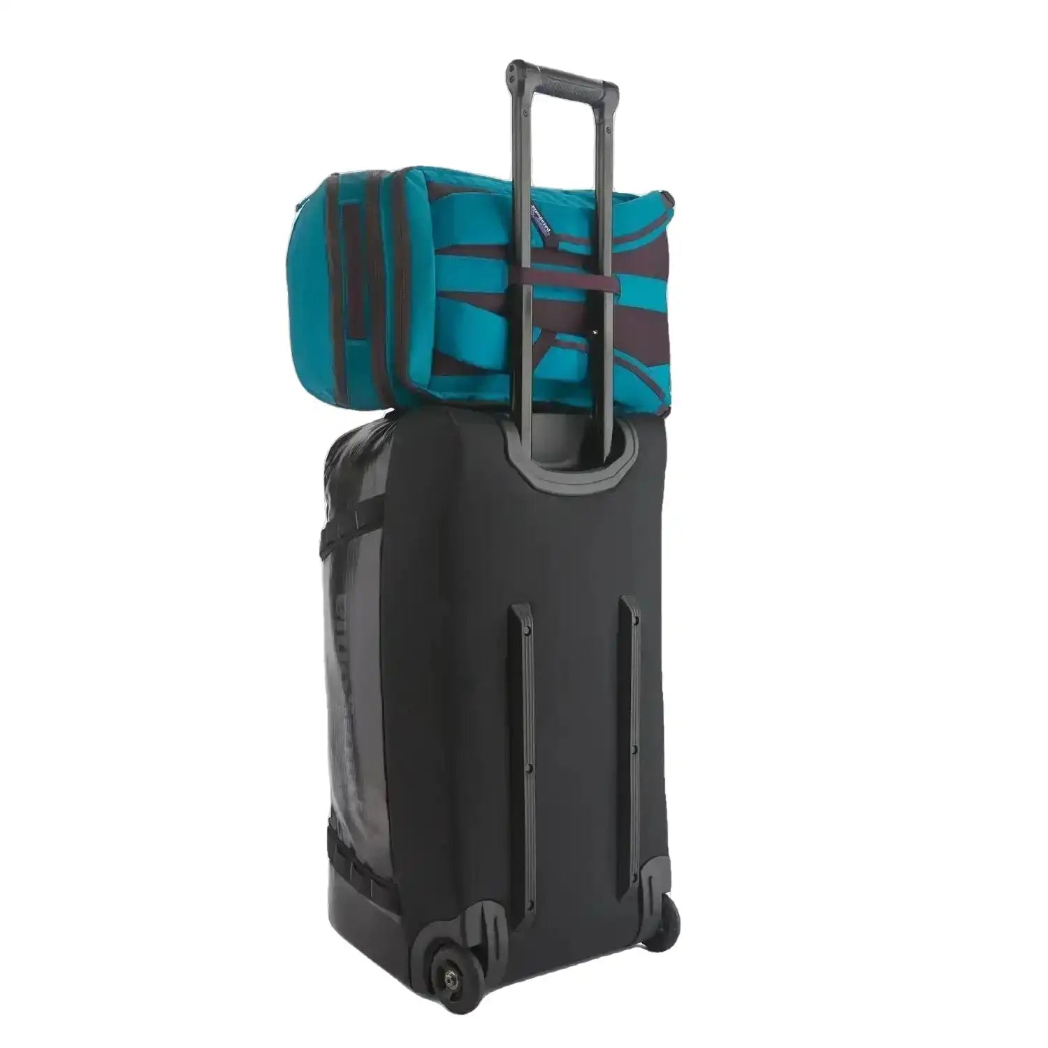 Patagonia Black Hole® Pack 32L, Belay Blue, view of bag attaced to roller luggage 