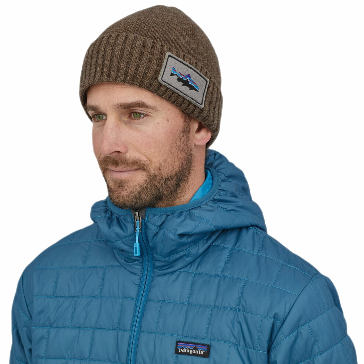 Patagonia Brodeo Beanie, Fitz Roy Trout Ash Tan, front view on model