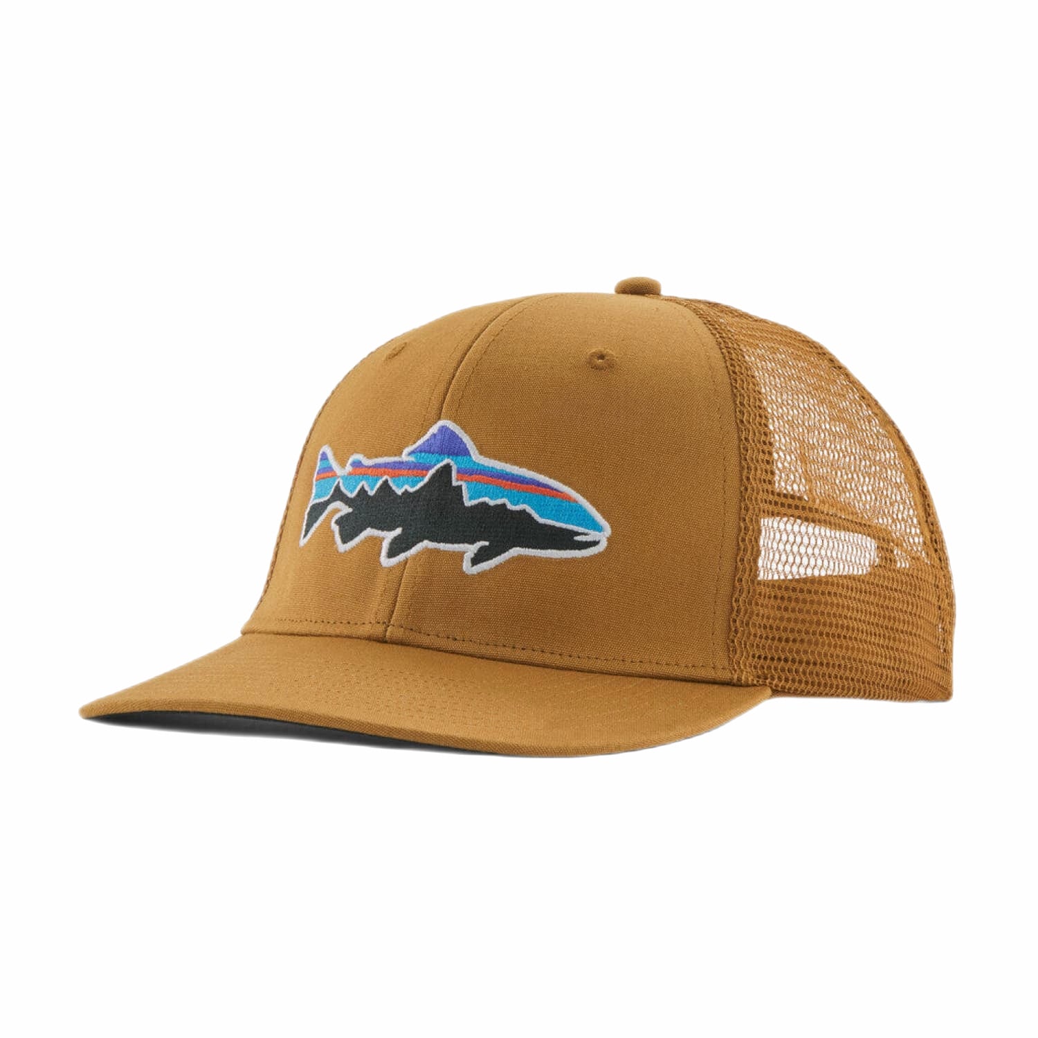 Patagonia Fitz Roy Trout Trucker Hat shown in the Brown Raptor color option. Front view.