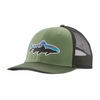 Patagonia Fitz Roy Trout Trucker Hat shown in the Terrain Green color option. Front view.