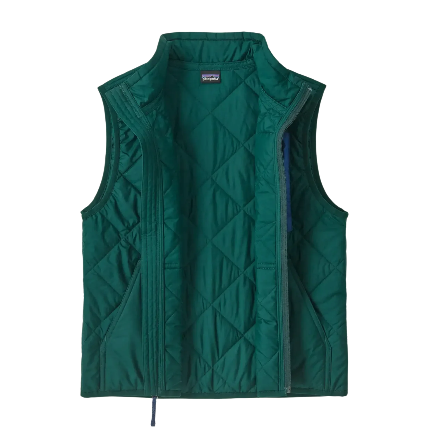 Patagonia Kid's Diamond Quilted Vest in Cascade Green, front view flat with vest unzipped to see the inside