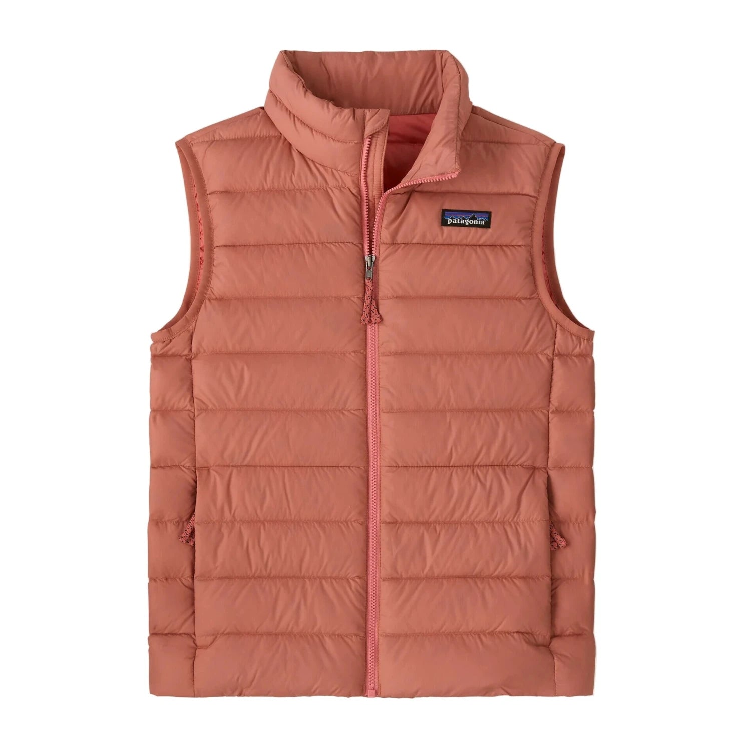 Patagonia Kid's Down Sweater Vest in Moment Pink, front view flat