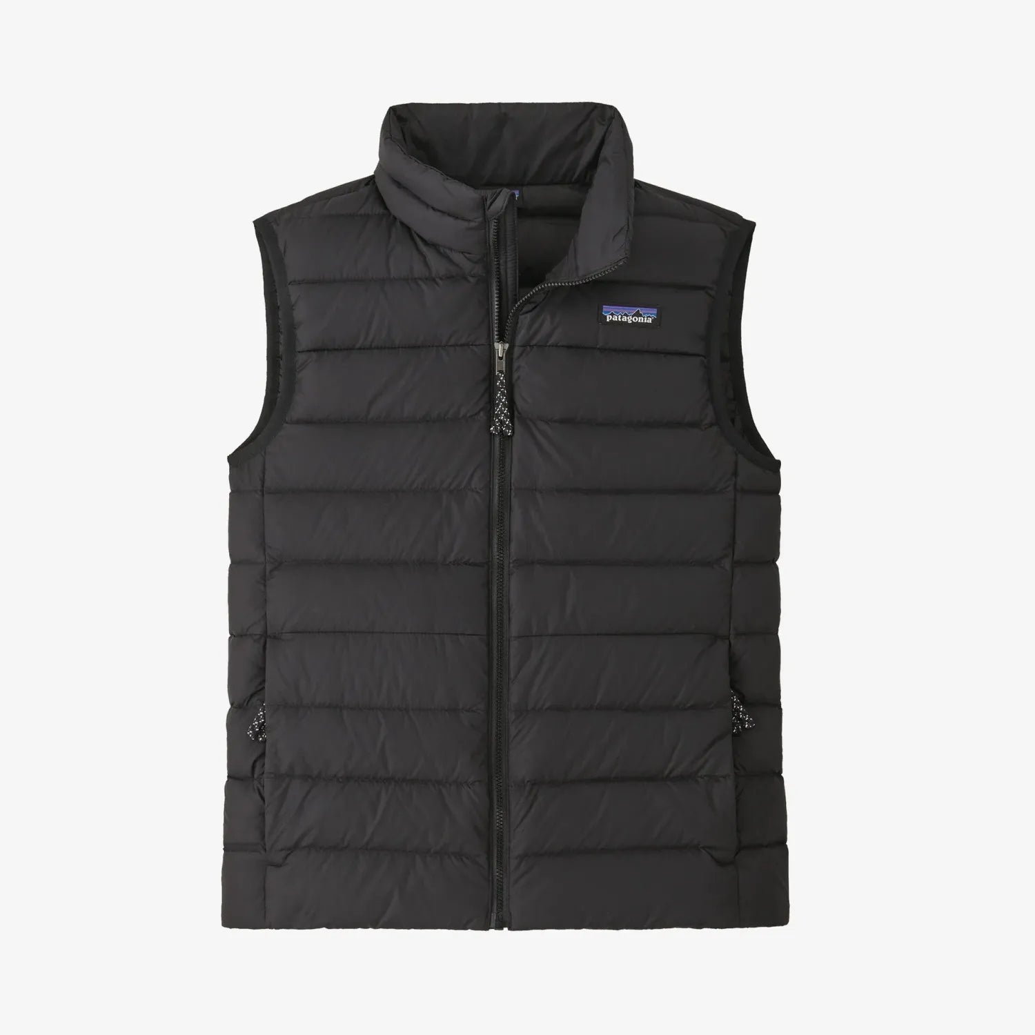 Patagonia Kid's Down Sweater Vest shown in the Black color option. Front view.