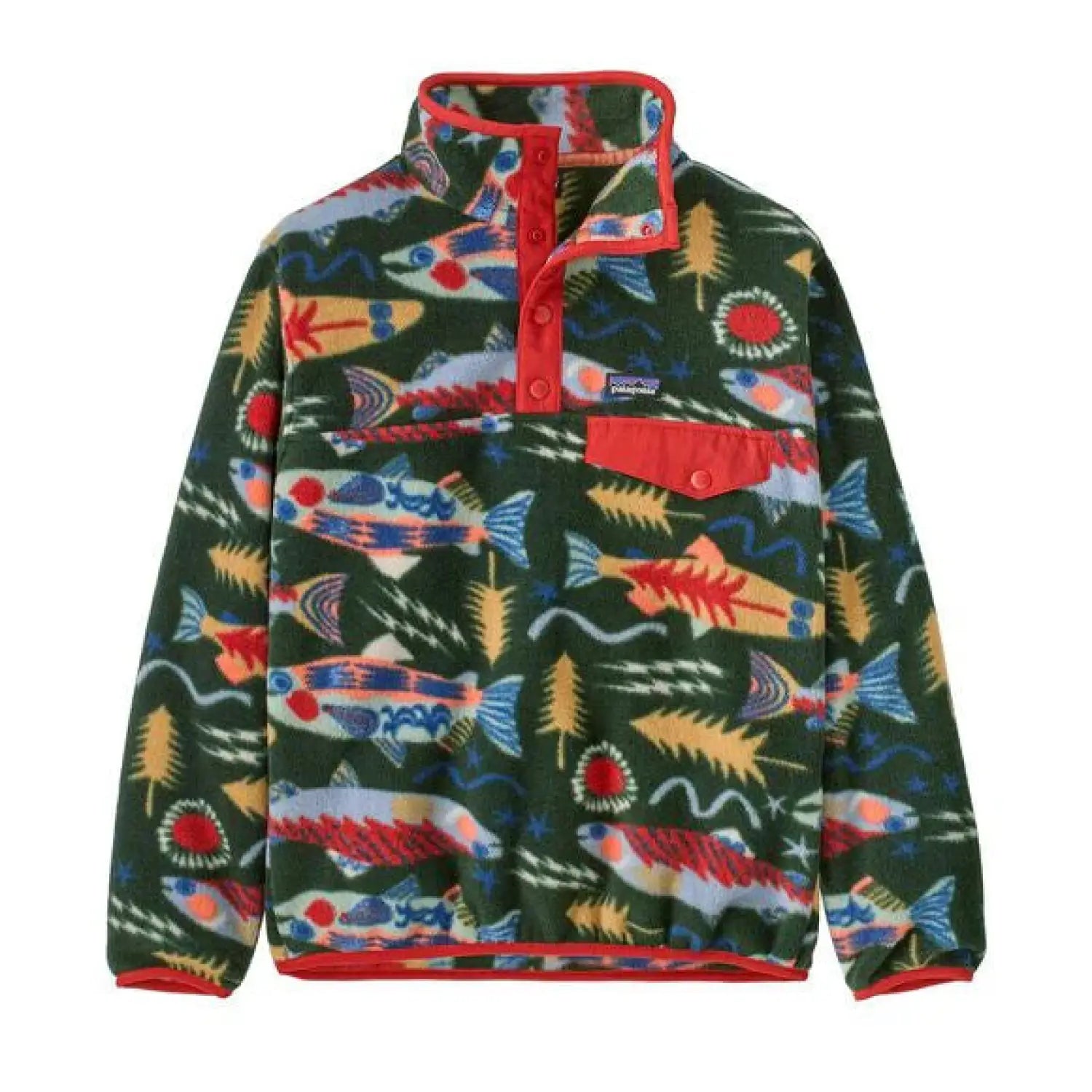 Patagonia K's Lightweight Synchilla® Snap-T® Fleece Pullover in Salmon Energy Old Growth Green, front view flat