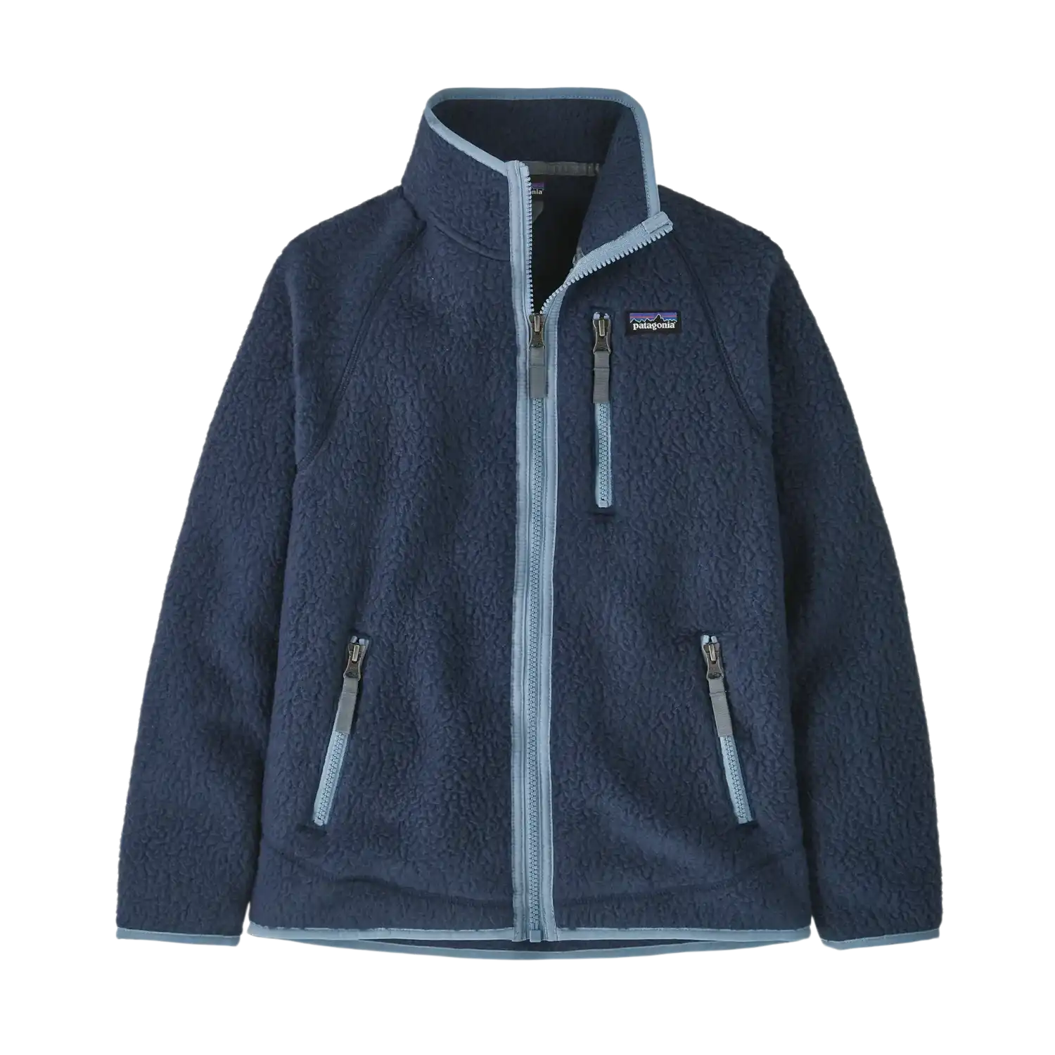 Patagonia Kid's Retro Pile Fleece Jacket in new Navy Plume Grey, front view flat