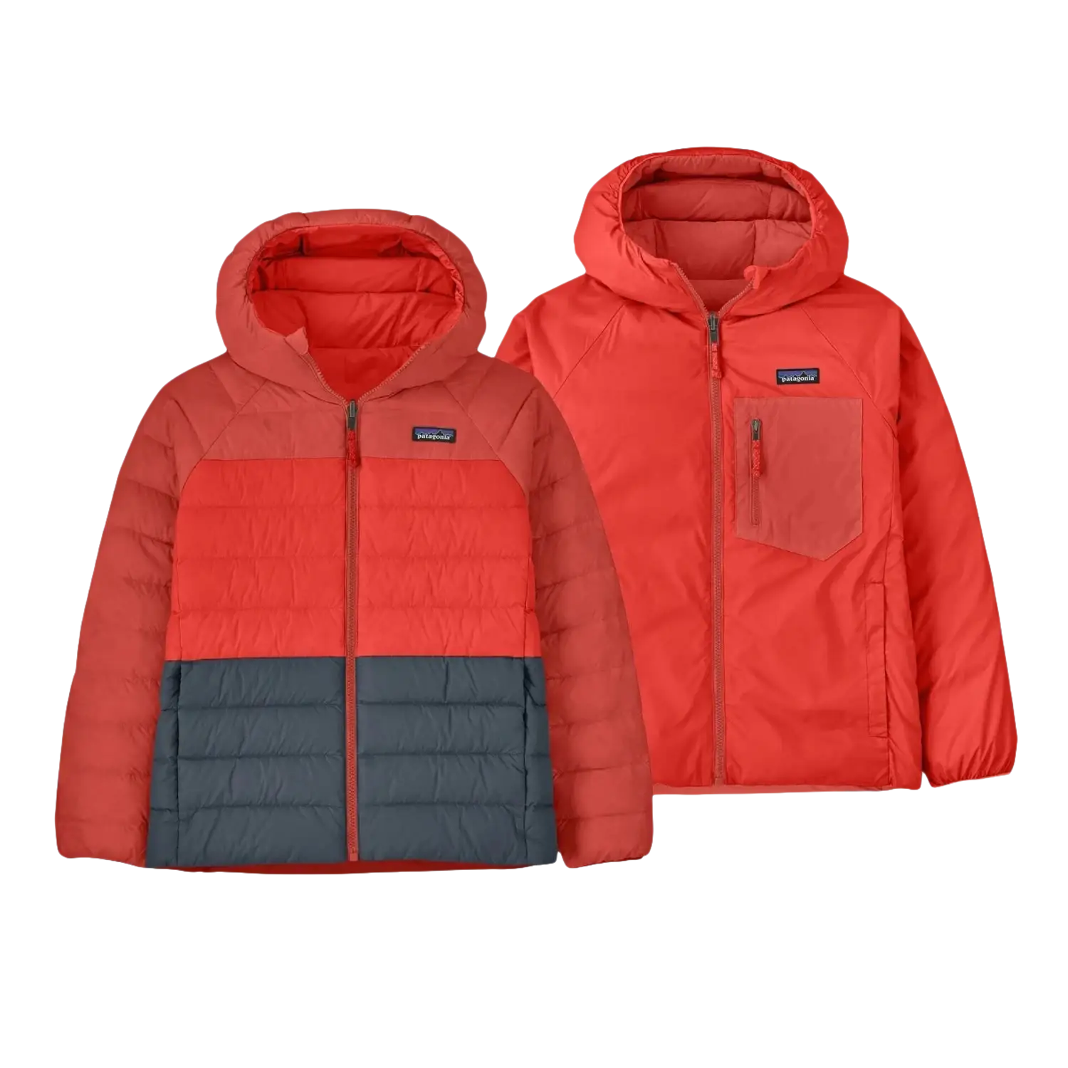 Patagonia Kid's Reversible Down Sweater™ Hoody in amanita red, front & reversed front view