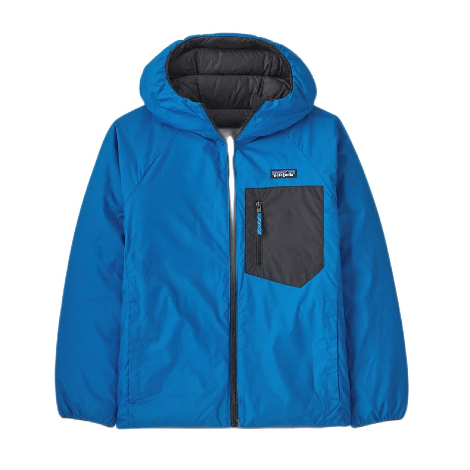 Patagonia K's Reversible Down Sweater™ Hoody, Endless Blue, front view of reversible side flat