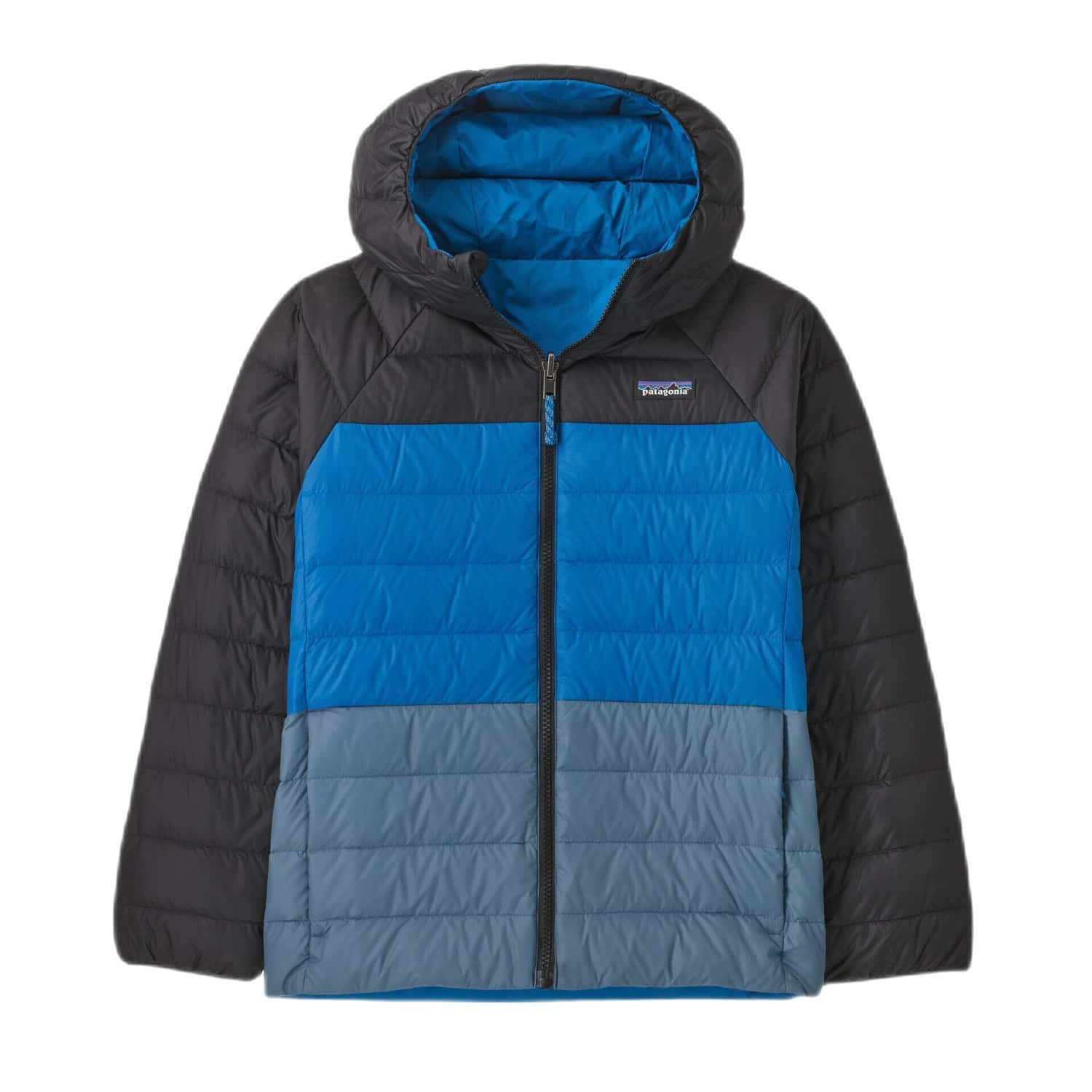 Patagonia K's Reversible Down Sweater™ Hoody, Endless Blue, front view flat