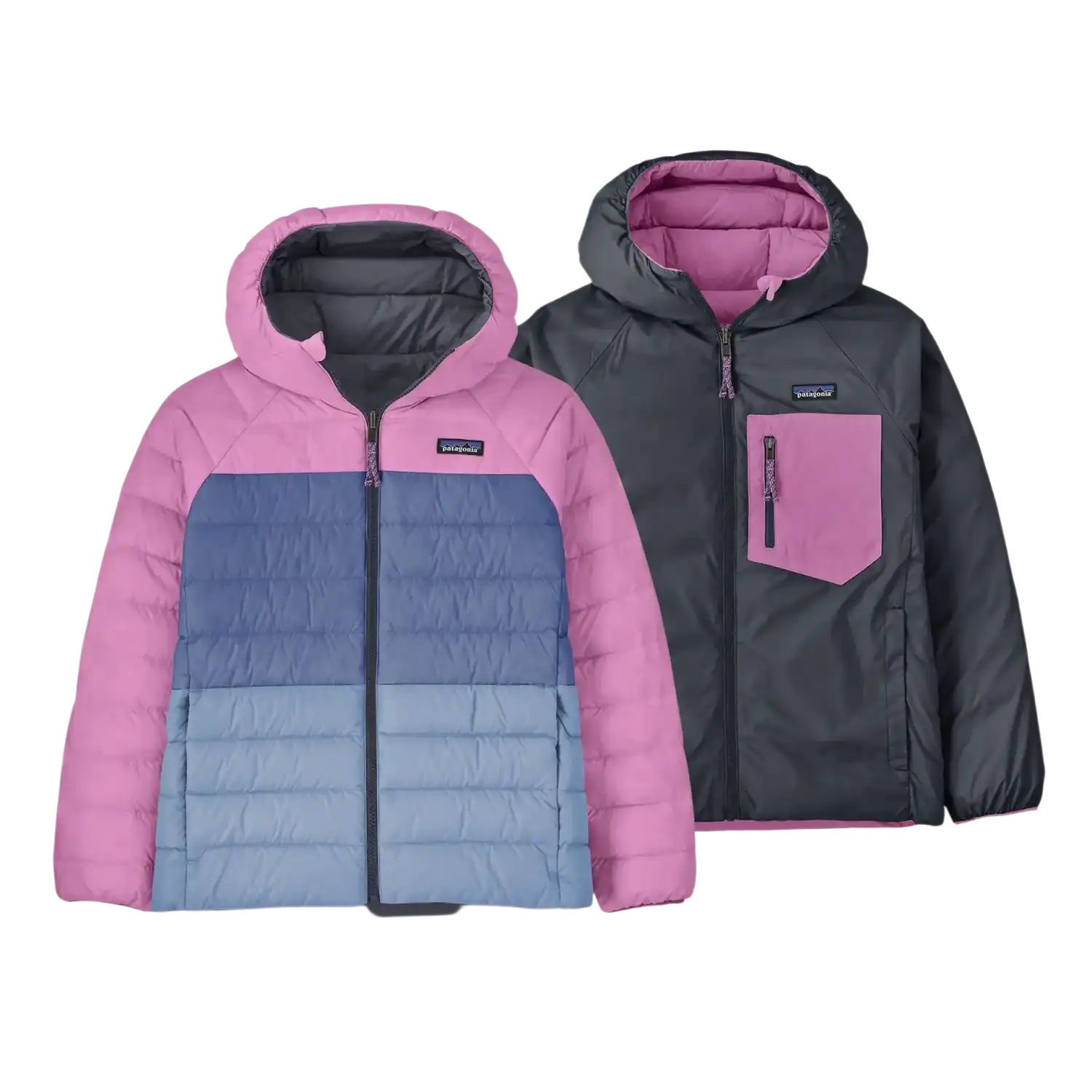 Patagonia Kid's Reversible Down Sweater™ Hoody in Smolder Blue, front view flat