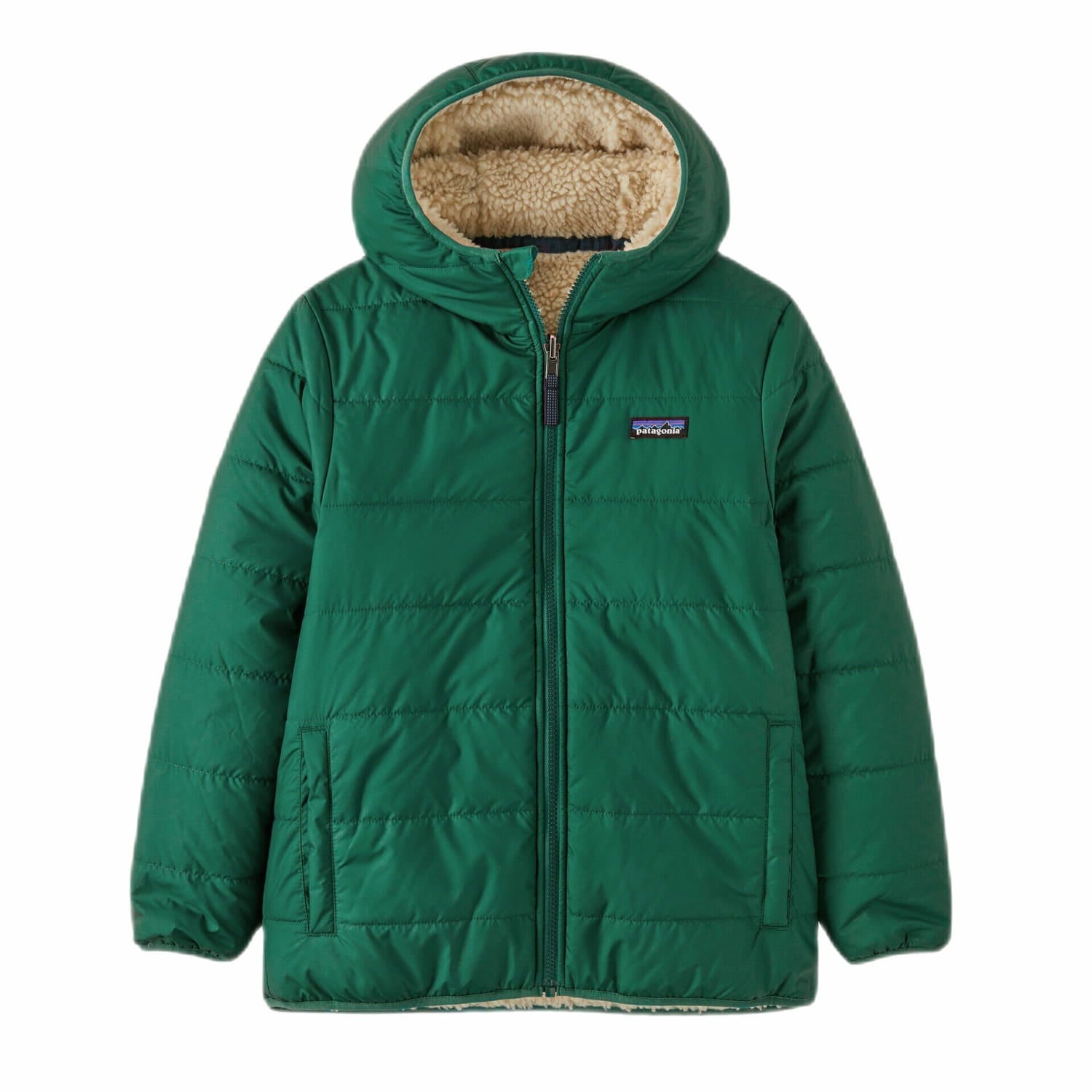 Patagonia K's Reversible Ready Freddy Hoody, Conifer Green, front view flat