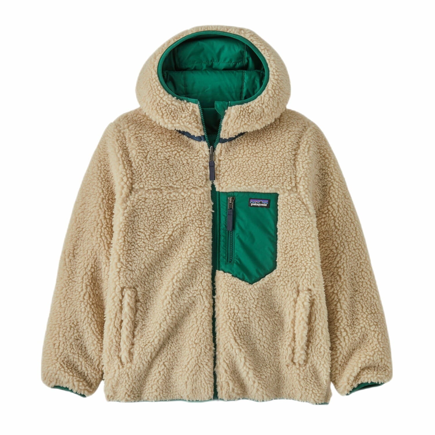 Patagonia K's Reversible Ready Freddy Hoody, Conifer Green, front view of inside flat view