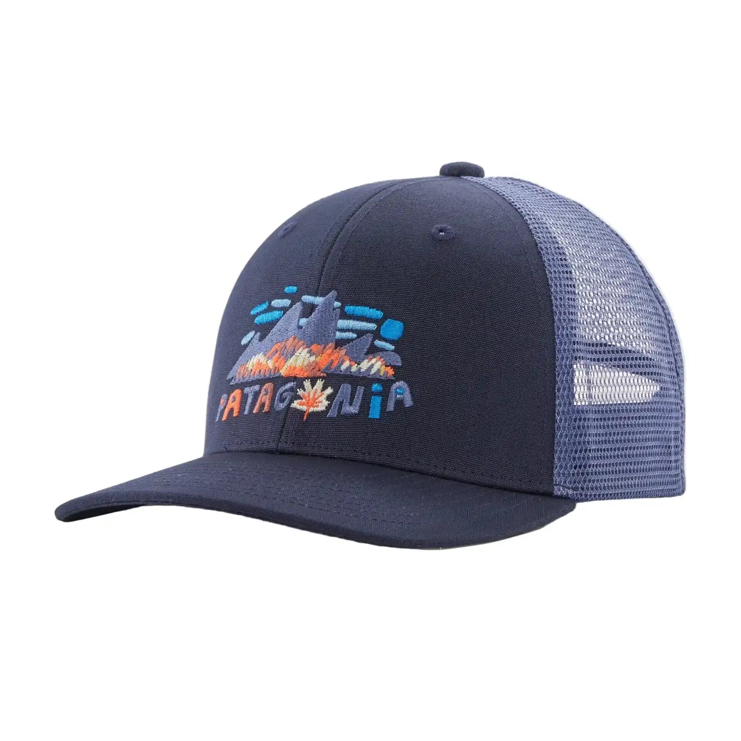 Patagonia K's Trucker Hat in Fitz Foliage New Navy, front view 