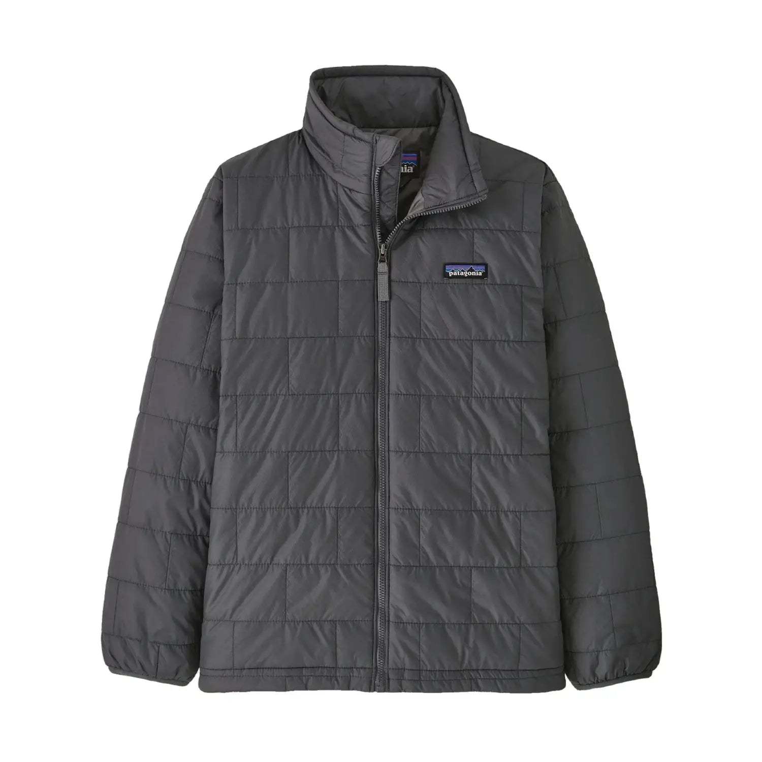 Patagonia Kid's Nano Puff Jacket shown in Forge Grey w/Noble Grey. Front view with Patagonia logo.