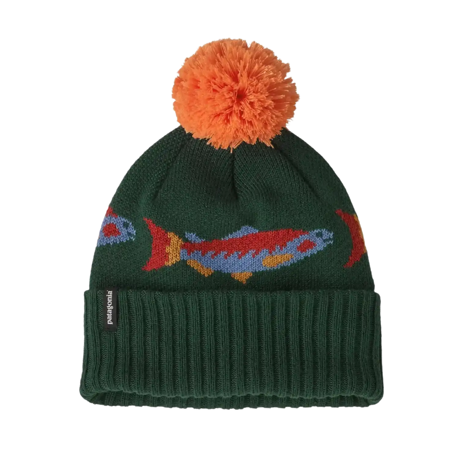 Patagonia Kid's Powder Town Beanie in Salmon Growth Green, front view flat