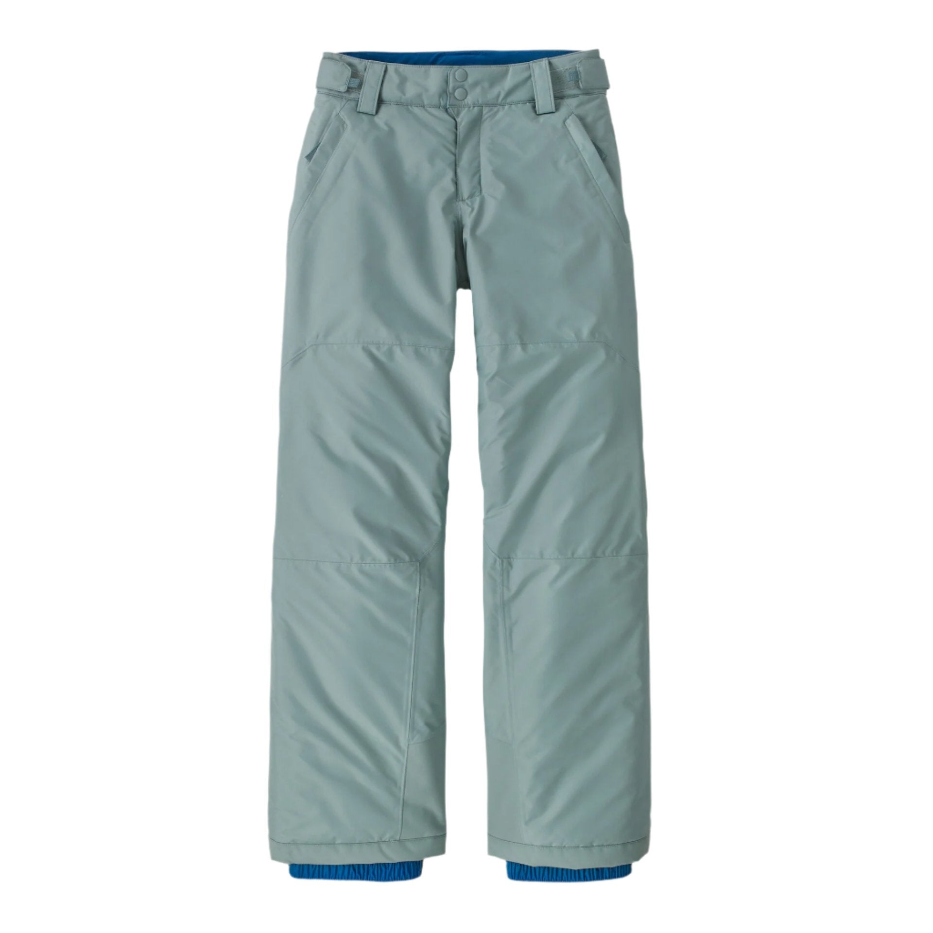 patagonia kids powder town snow pants in thermal blue front flat view