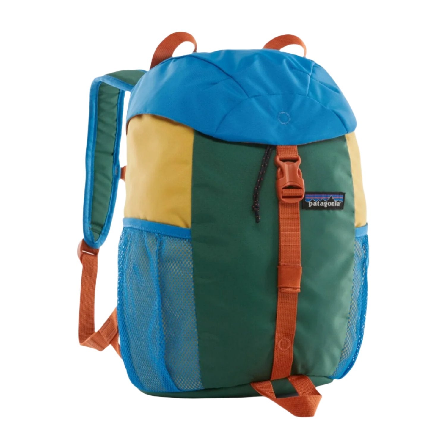 Patagonia Kid's Refugito Daypack 12L shown in Patchwork: Conifer Green color option. Front view.