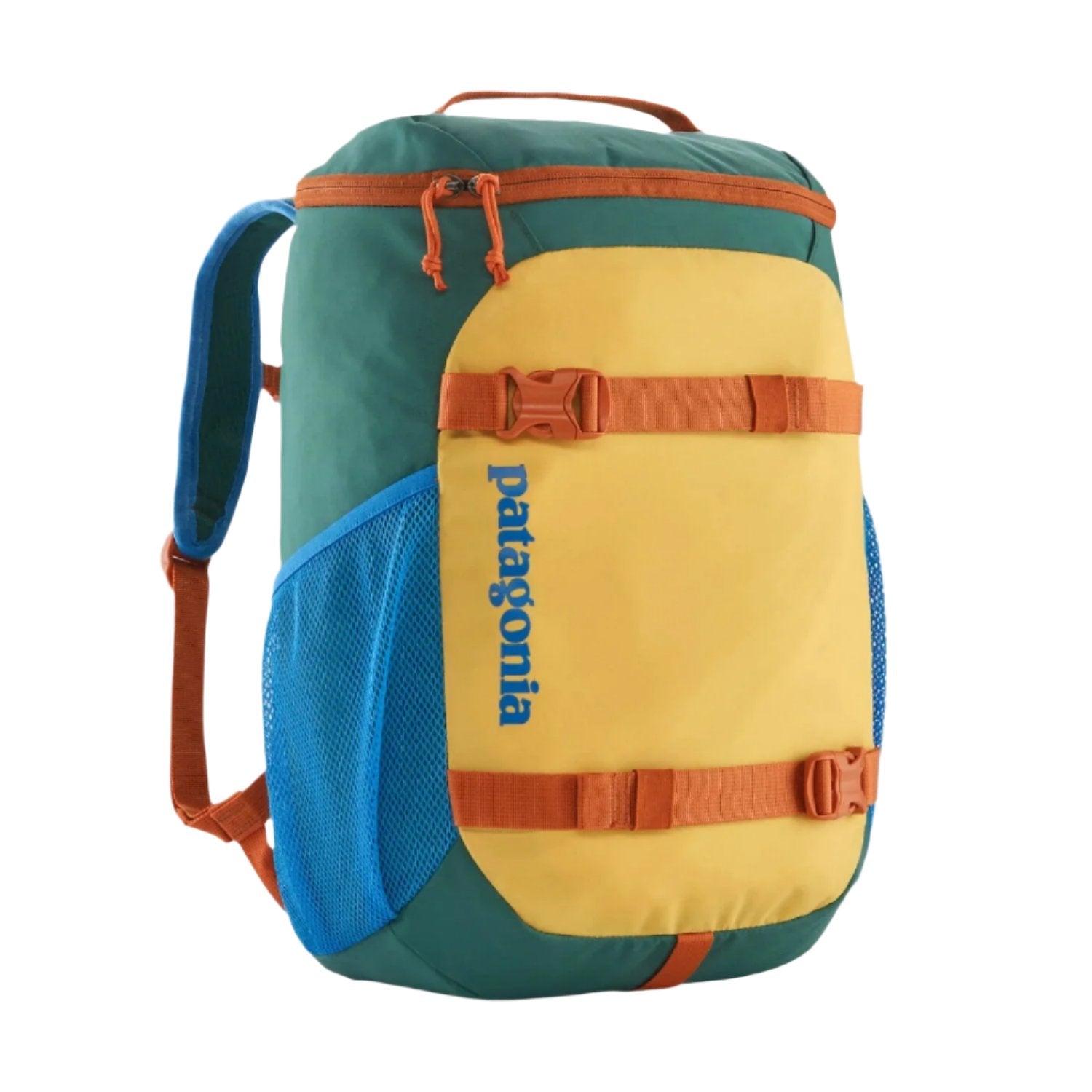 Patagoia Kid's Refugito Daypack 18L shown in the Patchwork: Conifer Green color option. Front view.