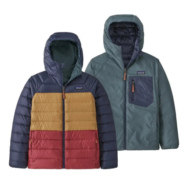 Patagonia Kid's Reversible Down Sweater Hoody shown in the Nouveau Green color option. Both sides shown.