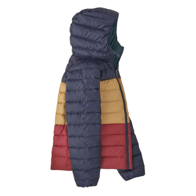 Patagonia Kid's Reversible Down Sweater Hoody shown in the Nouveau Green color option. Side View.