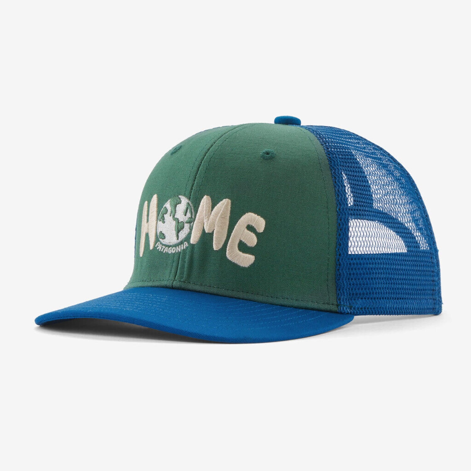 Patagonia Kids' Trucker Hat shown in the Homegrown: Conifer Green color option. Front view.