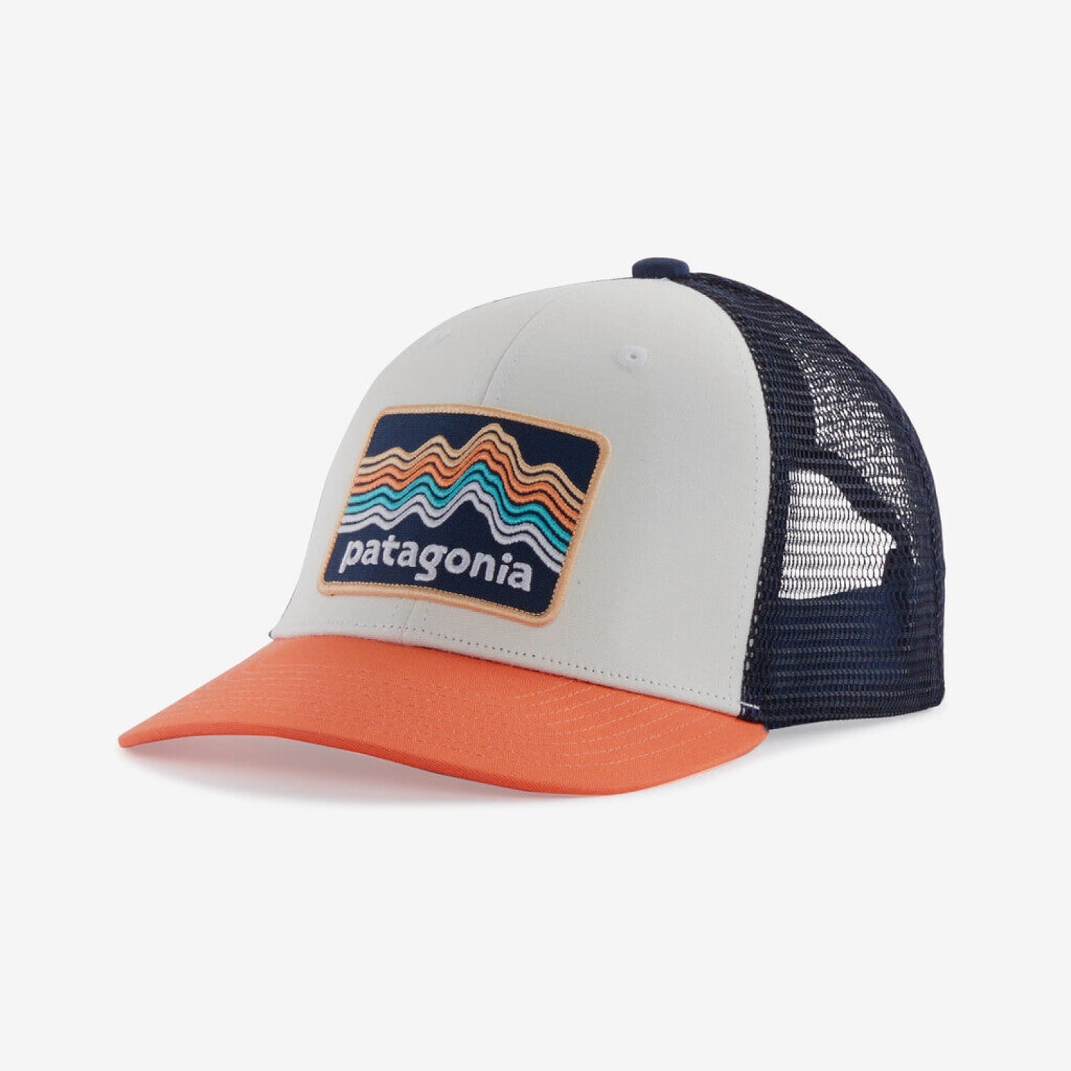 Patagonia Kids' Trucker Hat shown in the Ridge Rise Stripe: Coho Coral color option. Front view.