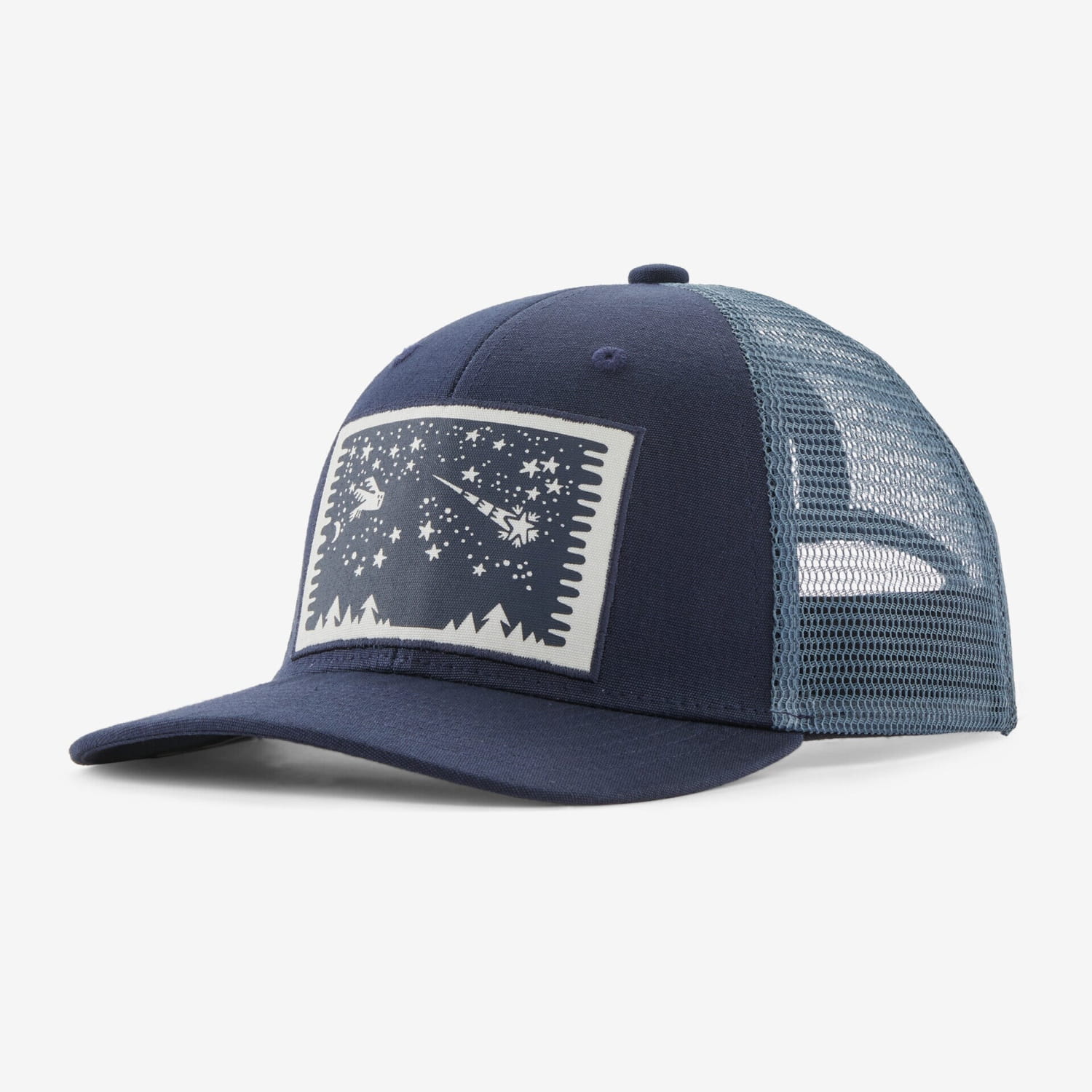 Patagonia Kids' Trucker Hat shown in the Silent Flight: New Navy color option. Front view.