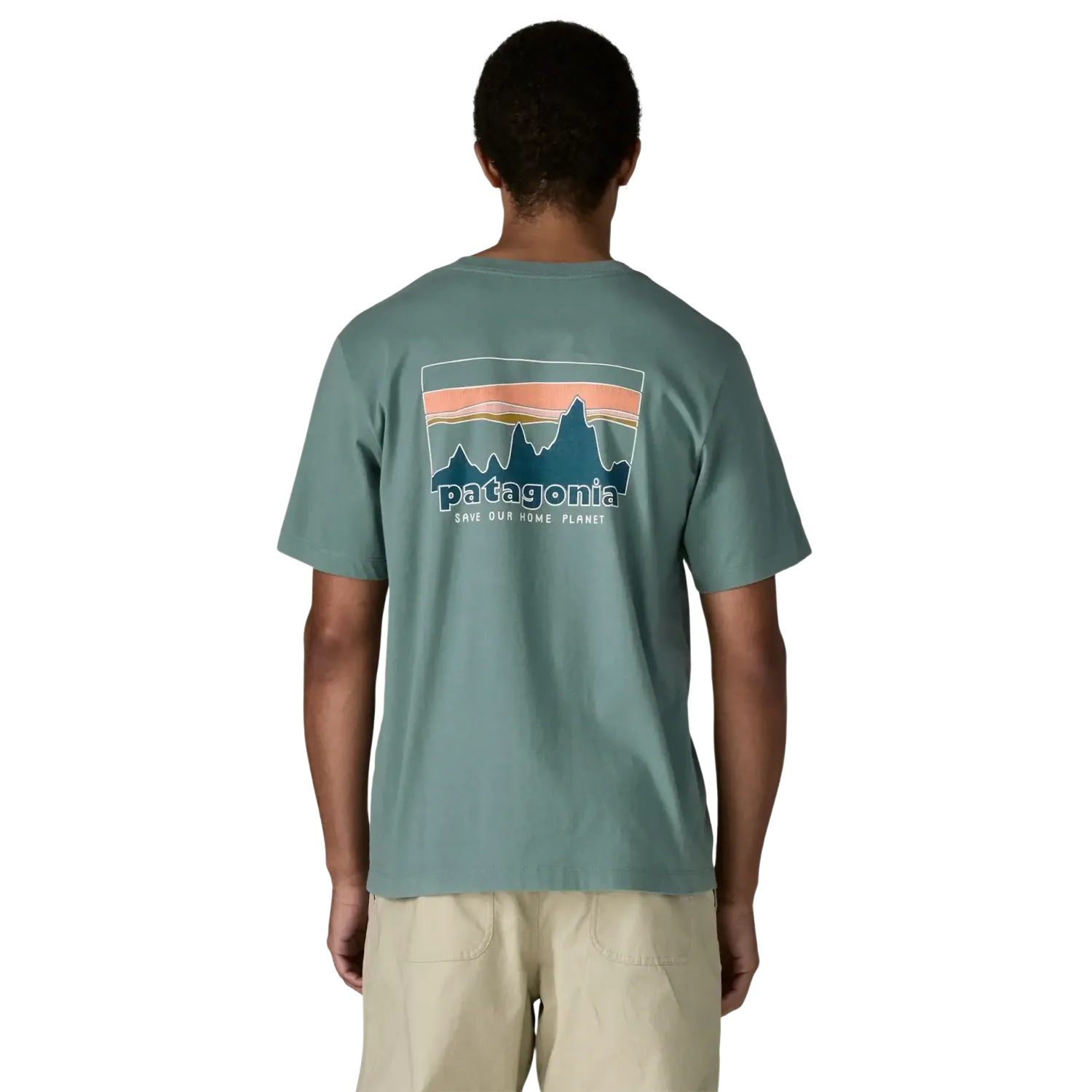 Patagonia Men's '73 Skyline T-Shirt in Blue Sage, back view on model 