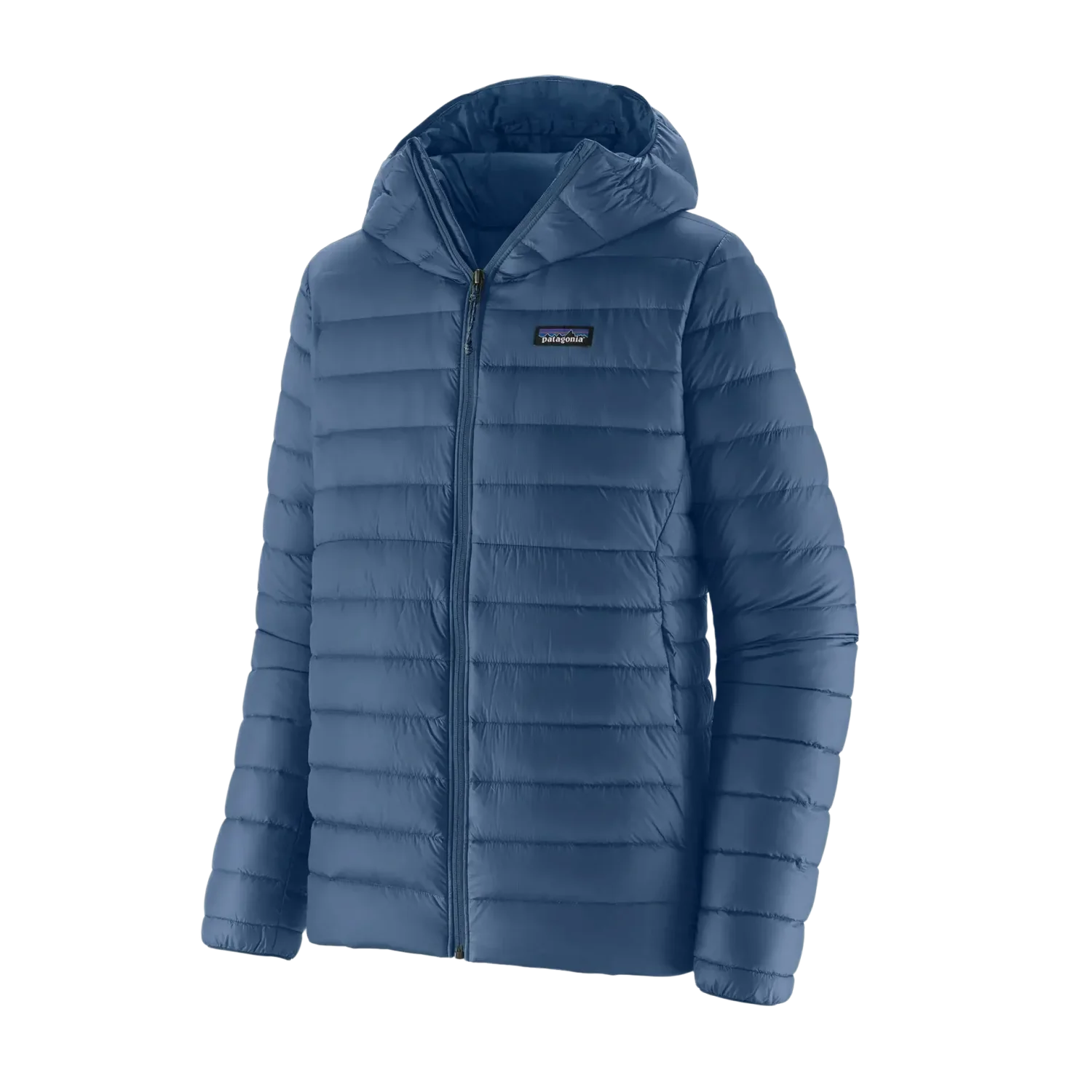 Patagonia Men's Down Sweater Hoody in Clement Blue, front view flat 