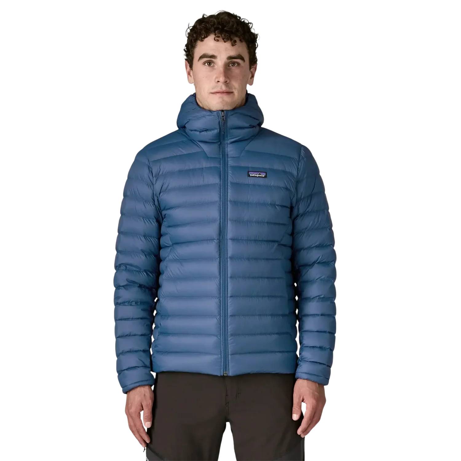 Patagonia Men's Down Sweater Hoody in Clement Blue, front view on model 