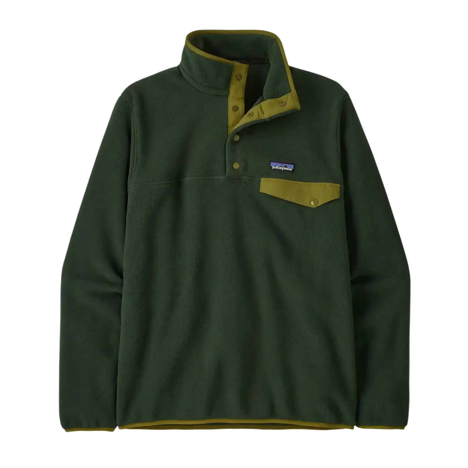 Patagonia Men's Lightweight Synchilla® Snap-T® Fleece Pullover in Old Growth Green, front view flat